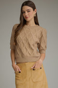 ENTRO Short Puff Sleeve Sweater Top In Oatmeal
