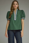 ENTRO Short Puff Sleeve Top With Contrast Binding In Hunter Green