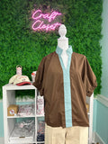 ENTRO Short Puff Sleeve Top With Contrast Stripe In Brown