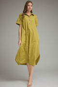 ENTRO Short Sleeve Midi Dress With Gold Button Accent In Martini Olive