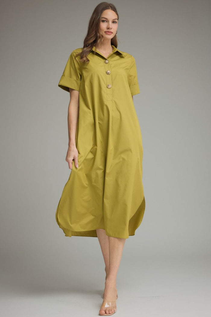 ENTRO Short Sleeve Midi Dress With Gold Button Accent In Martini Olive