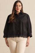 ENTRO Solid 3/4 Sleeve Top With Lace Trim In Black PLUS Sizes