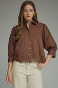ENTRO Solid 3/4 Sleeve Top With Lace Trim In Brown