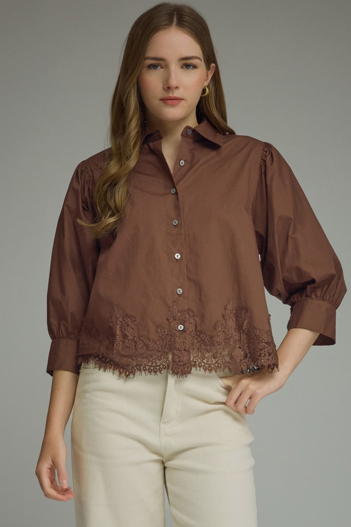 ENTRO Solid 3/4 Sleeve Top With Lace Trim In Brown