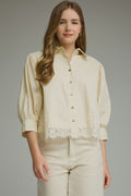 ENTRO Solid 3/4 Sleeve Top With Lace Trim In Ecru
