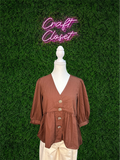 ENTRO Solid 3/4 Sleeve V Neck Top With Gold Button Detail In Cinnamon