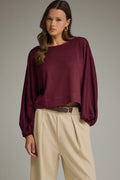 ENTRO Solid Boatneck Balloon Sleeve Top In Burgundy