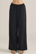 ENTRO Solid Drawstring Waist Linen Pant In Black