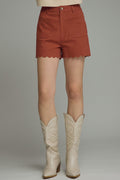 ENTRO Solid High Rise Shorts With Scalloped Accents In Brick*FINAL SALE*