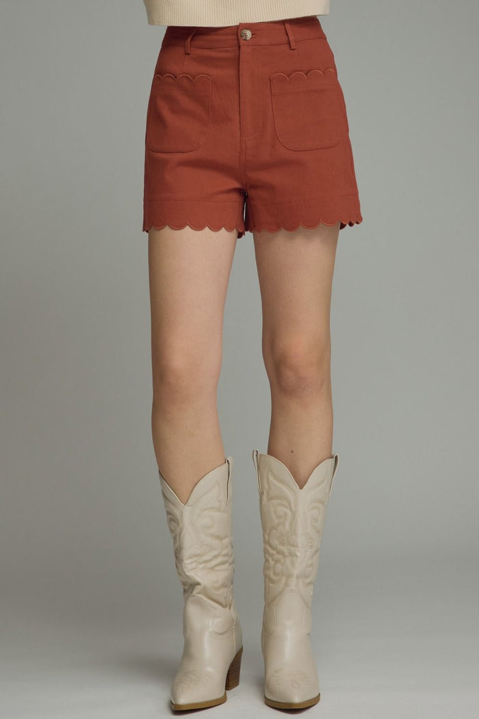 ENTRO Solid High Rise Shorts With Scalloped Accents In Brick*FINAL SALE*