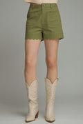 ENTRO Solid High Rise Shorts With Scalloped Accents In Olive*FINAL SALE*