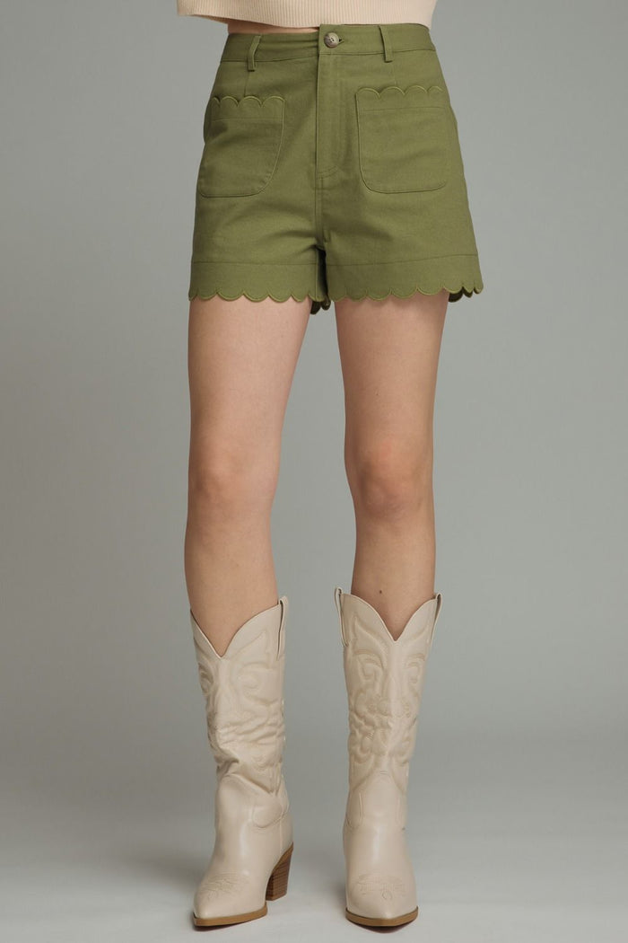 ENTRO Solid High Rise Shorts With Scalloped Accents In Olive*FINAL SALE*