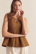 ENTRO Solid Peplum Top With Loop Hardware Detail In Toffee