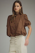 ENTRO Solid Short Puff Sleeve Top With Bubble Hem In Brown
