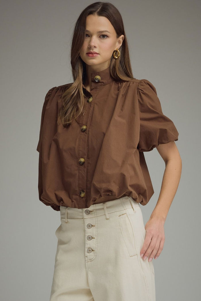 ENTRO Solid Short Puff Sleeve Top With Bubble Hem In Brown