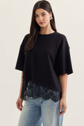 ENTRO Solid Short Sleeve Knit Top With Scalloped Lace Hem In Black