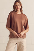 ENTRO Solid Short Sleeve Knit Top With Scalloped Lace Hem In Mocha