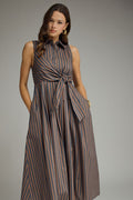 ENTRO Striped Collared Sleeveless Midi Dress In Navy Brown