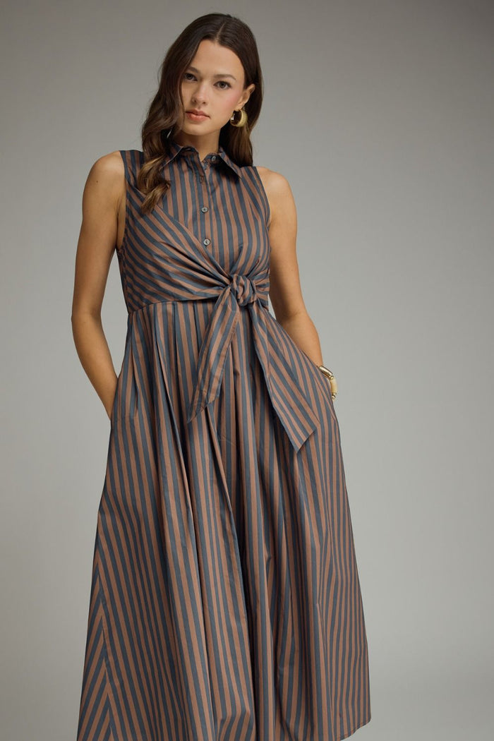 ENTRO Striped Collared Sleeveless Midi Dress In Navy Brown