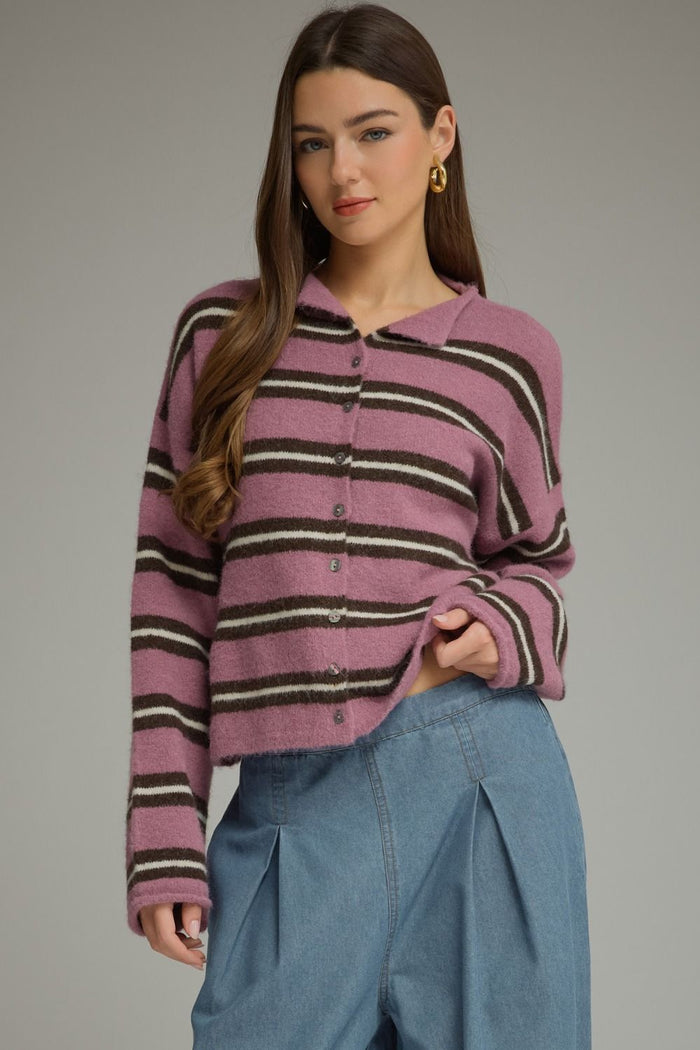 ENTRO Striped Long Sleeve Cardigan In Orchid