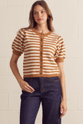 ENTRO Striped Short Puff Sleeve Cardigan In Camel