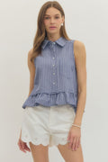Entro Striped Sleeveless Top With Ruffle Hem In Navy*FINAL SALE*