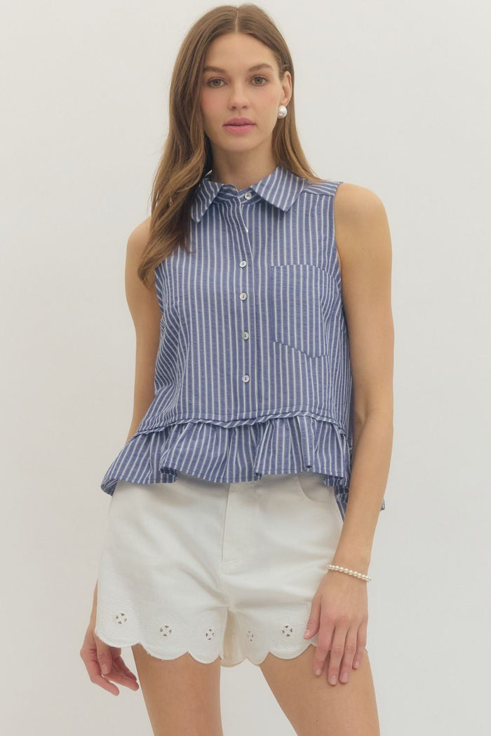 Entro Striped Sleeveless Top With Ruffle Hem In Navy*FINAL SALE*