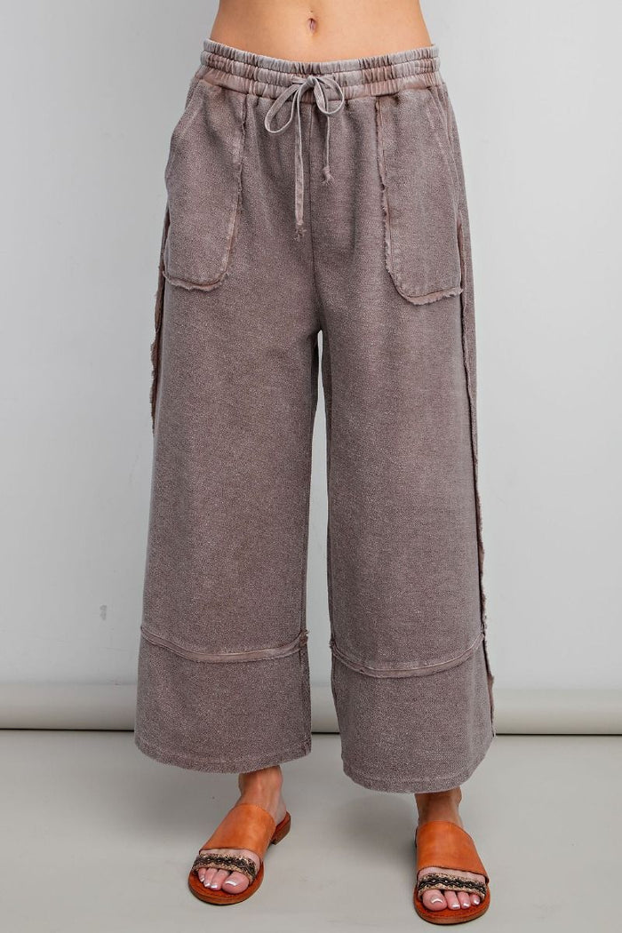 Women's mineral washed espresso french terry knit textured wide leg cropped pants by Easel