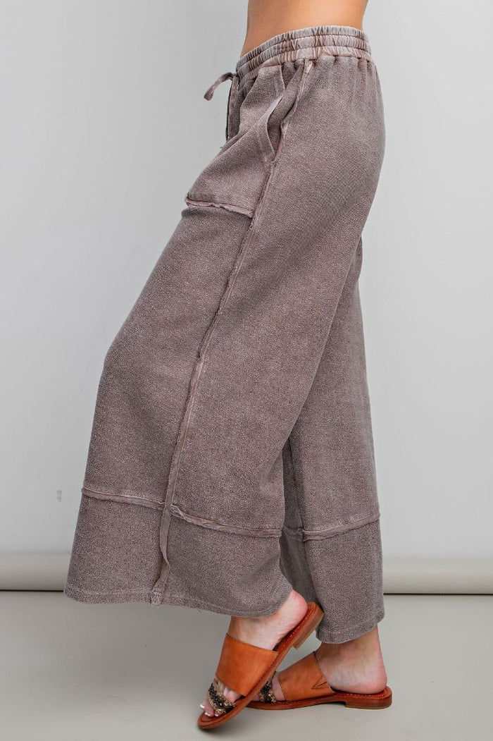 Women's washed espresso terry knit textured wide leg cropped pants by Easel showing side view
