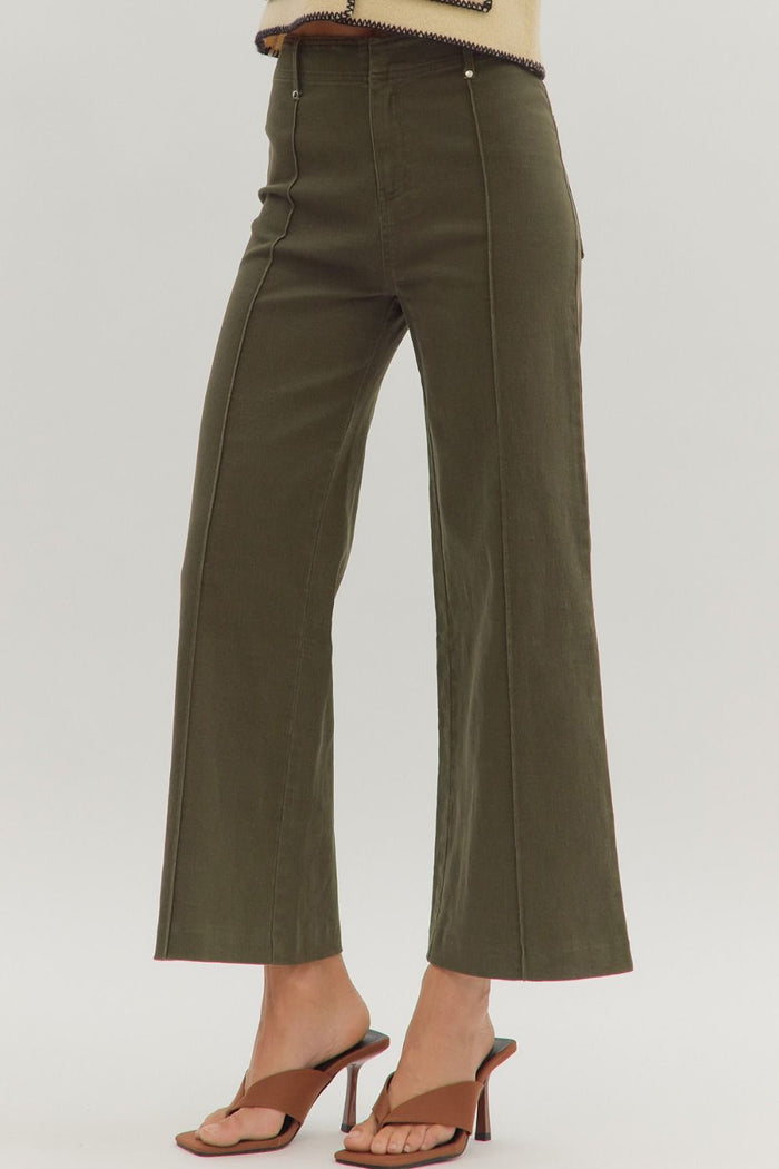 Women's olive denim cropped pants with pintuck seam detail by Entro showing slight side view