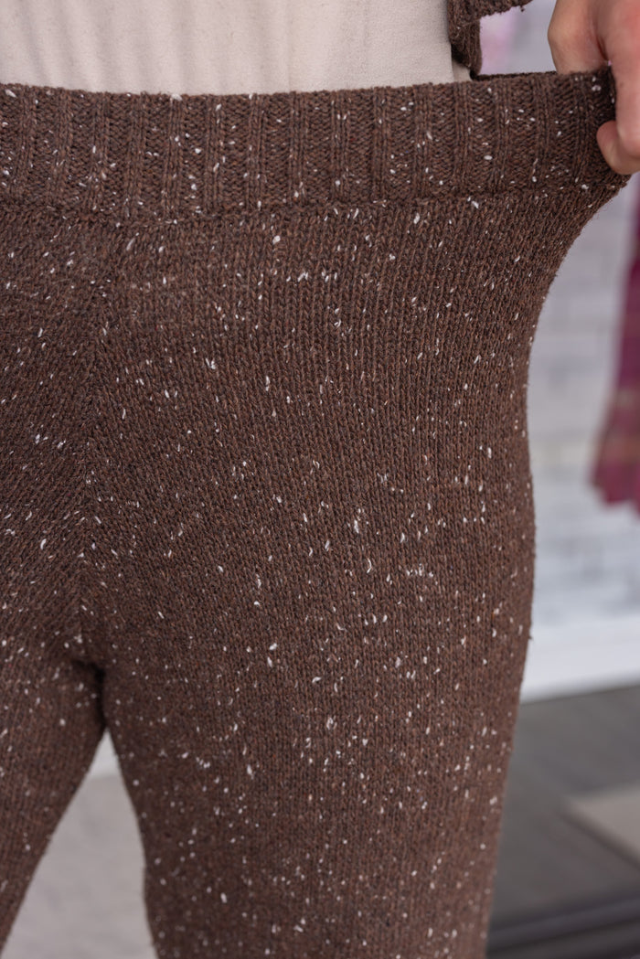 Women's chocolate brown sweater knit pants with ribbed trim by Mustard Seed showing ribbed elastic waistband