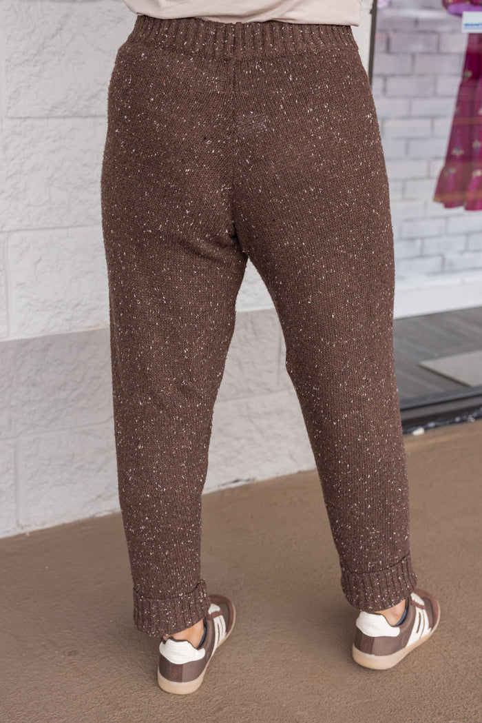 Women's chocolate brown sweater knit pants with ribbed trim by Mustard Seed showing up close back view