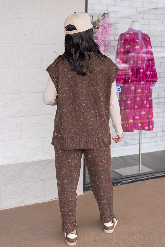 Women's chocolate brown sweater knit pants with ribbed trim by Mustard Seed showing full back view