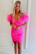 Feathers Hot Pink Off-the-Shoulder Short Cocktail Dress