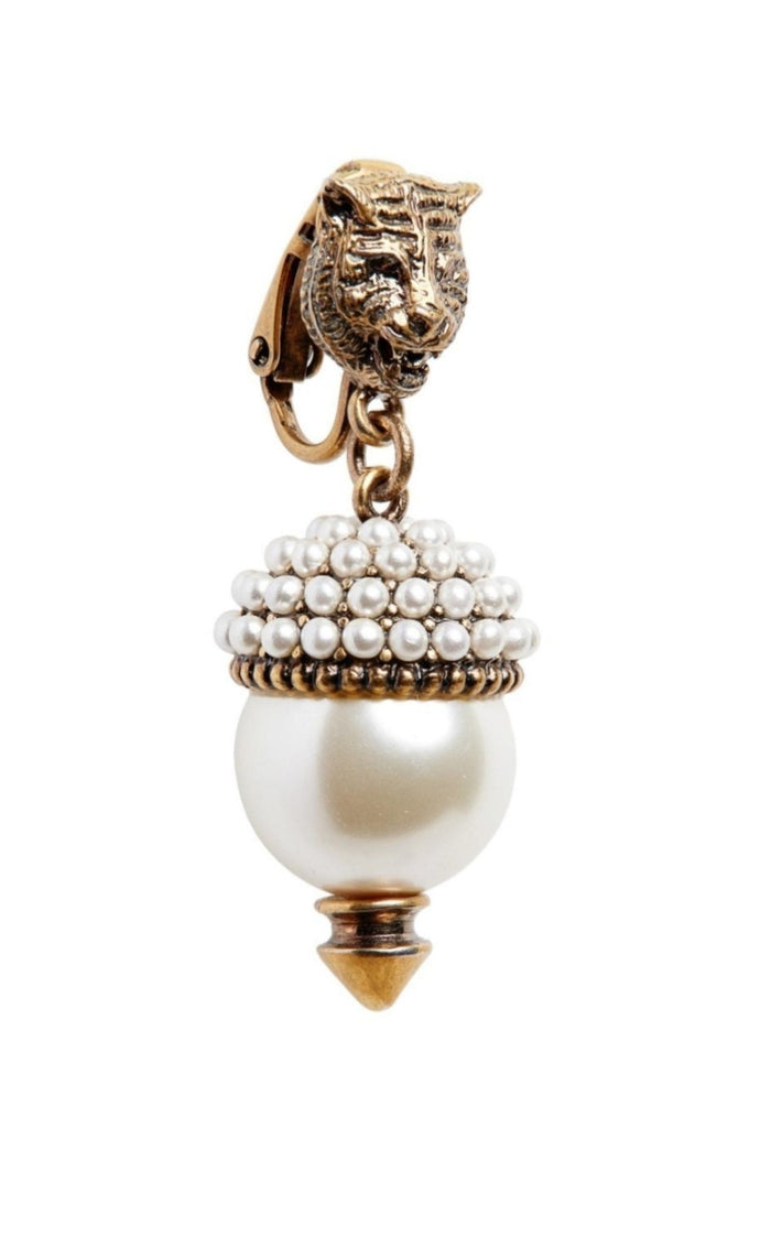 Gucci Feline Head Pearl Drop Earrings - Runway Catalog