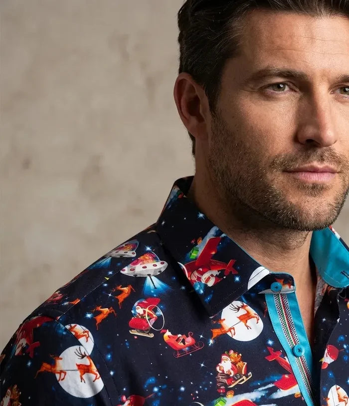 Festive Santa Space Adventure Print Shirt with Matching Handkerchief