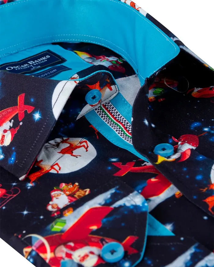 Festive Santa Space Adventure Print Shirt with Matching Handkerchief-Makrom