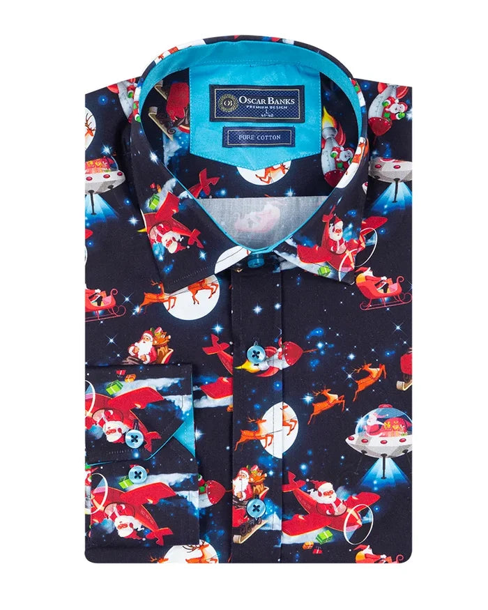 Festive Santa Space Adventure Print Shirt with Matching Handkerchief-Makrom