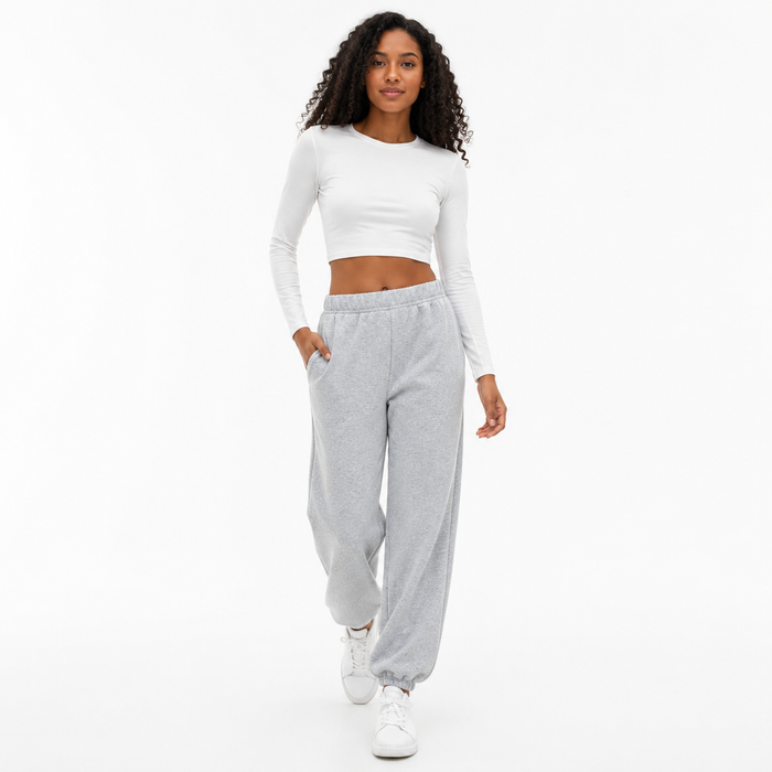Gray winter warm fleece trousers with straight leg shape, easy movement and understated style for everyday wardrobe looks now
