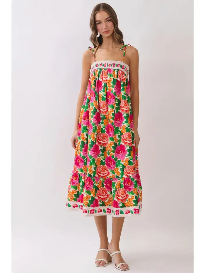 Floral Border Print Tie Strap Midi Dress FINAL SALE