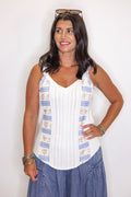 Women's off white sweater knit tank top with pink and blue floral patches by POL