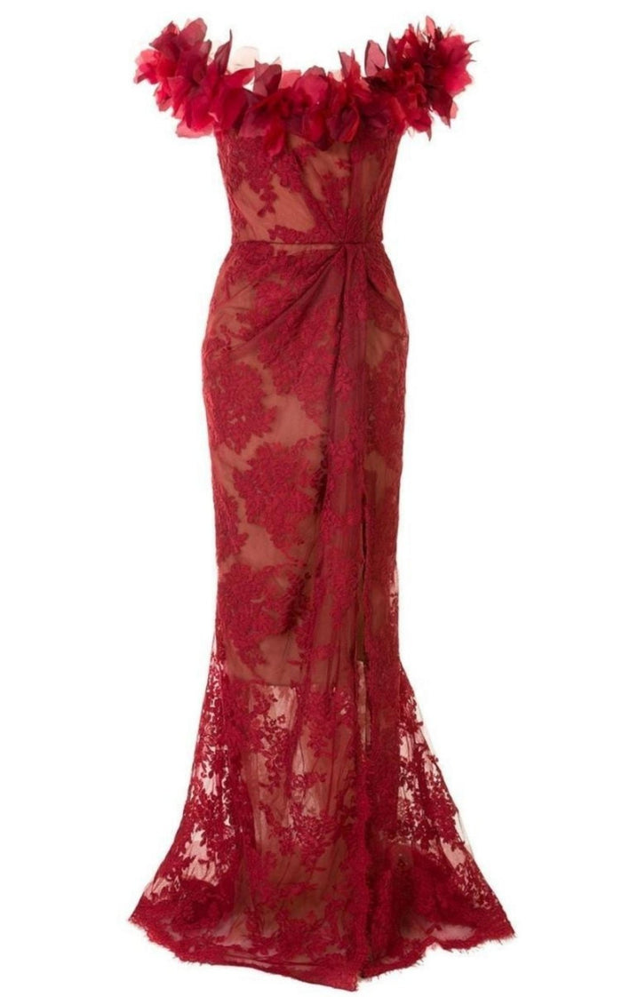 Marchesa Floral Lace Off - The - Shoulder Gown - Runway Catalog