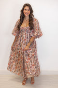 Women's champagne and multicolor floral chiffon midi dress with smocked bodice by Sofie the Label