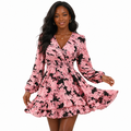 Floral midi dress for women with puff sleeves, a ruffled V-neck, long sleeves and a polished one-piece silhouette for events.
