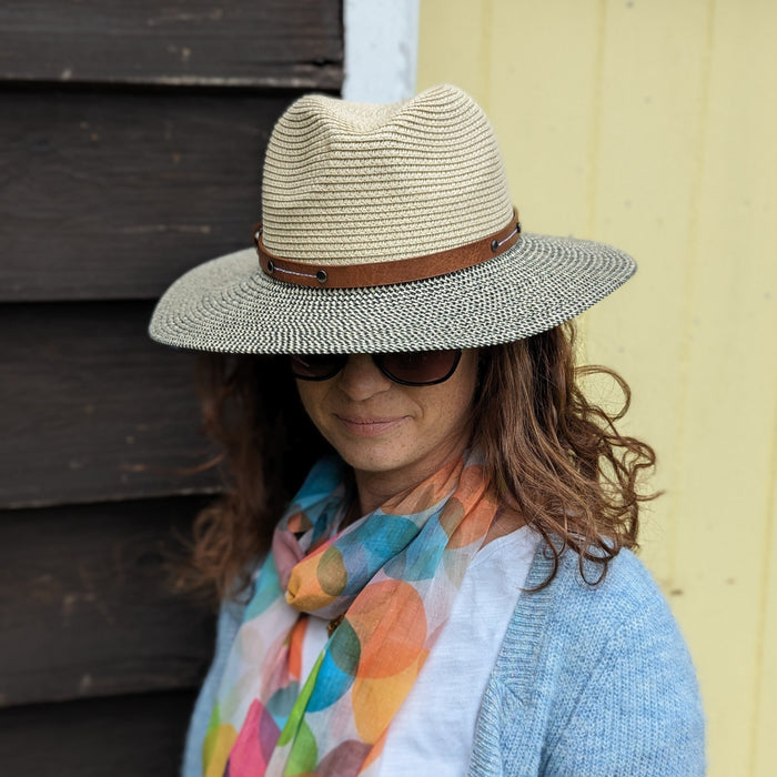 Folding Panama Style Travel Sun Hat - Mottled/Natural with Belt (57cm)