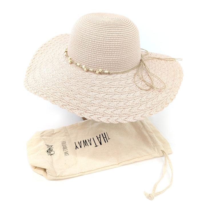 Folding Wide Brim Travel Sun Hat - Pink w/Beaded Band (59cm)