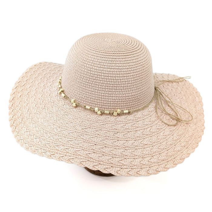 Folding Wide Brim Travel Sun Hat - Pink w/Beaded Band (59cm)