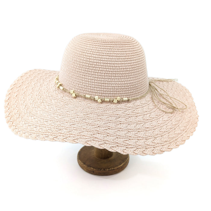 Folding Wide Brim Travel Sun Hat - Pink w/Beaded Band (59cm)