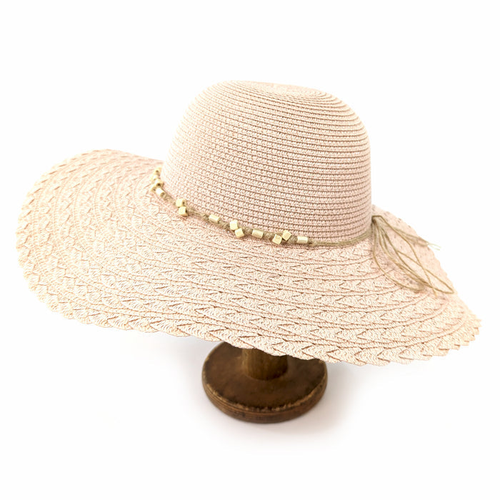 Folding Wide Brim Travel Sun Hat - Pink w/Beaded Band (59cm)