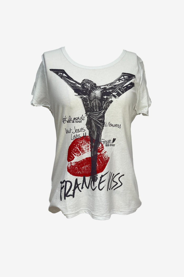 French Kiss Eiffel Cross White Tee